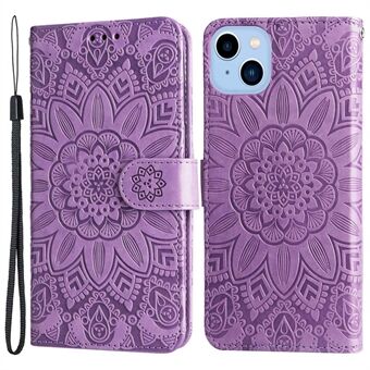 Voor iPhone 13 6.1 inch Zonnebloem Bedrukte PU Lederen Magnetische Flip Cover Stand Feature Wallet Purse Case met Handriem