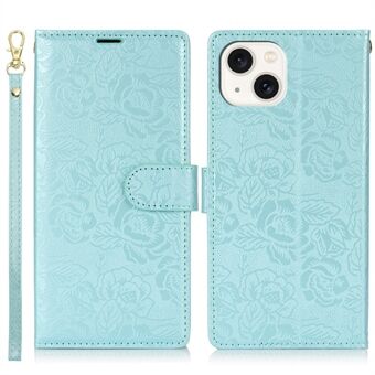 Voor iPhone 14 / 13 Hoesje met Handriem Bloem Afdruk Leren Portemonnee Telefoonhoes