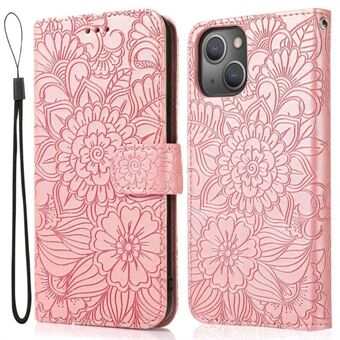 Volledige bescherming telefoonhoes voor iPhone 13 6,1 inch, bedrukt bloempatroon PU-lederen Stand Scratch flip-portemonneehoes met riem