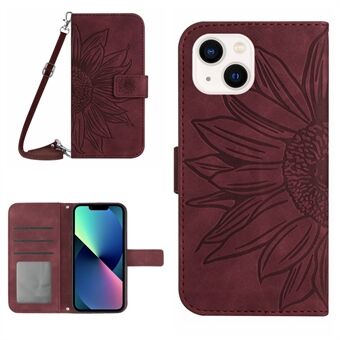 Voor iPhone 13 6.1 inch HT04 Bedrukte Zonnebloem Skin-touch PU Leer + TPU Case Stand Portemonnee Telefoon Cover met Schouderriem