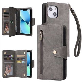 Voor iPhone 13 6.1 inch Klinknagel Decor Portemonnee Telefoon Case PU Leer Ritsvak Meerdere Kaartsleuven Stand Flip Folio Cover met Riem