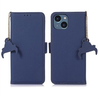 Wallet Phone Case voor iPhone 13 6.1 inch Magnetische sluiting aan de zijkant Echt lederen Stand Case RFID Blocking Phone Shell met kettingdecoratie