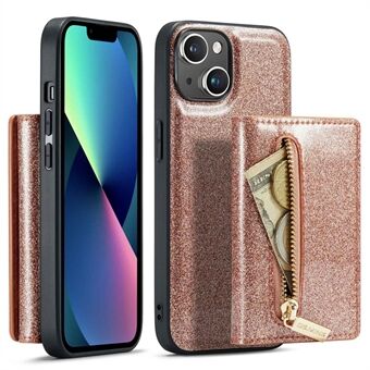 DG.MING M3-serie magnetische telefoonhoes voor iPhone 13 6.1 inch anti-drop 2-in-1 afneembare glittery portemonnee met rits Telefoonhoes Kickstand