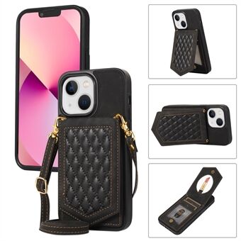 Voor iPhone 13 6.1 inch bedrukte Rhombus make-up spiegelstandaard hoesje PU-leer gecoate TPU-kaartsleuf RFID-blokkerende telefoonhoes met schouderriem