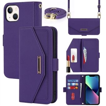 Voor iPhone 13 6.1 inch Valbestendig Magnetische sluiting Kruistextuur PU-lederen flip-hoes Stand Wallet Cover met make-upspiegel aan de binnenkant en schouderriem