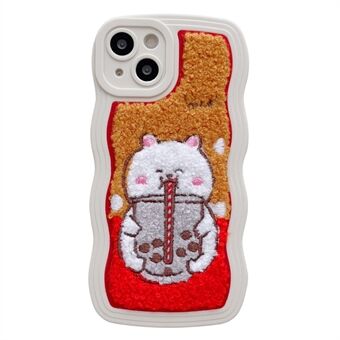 Voor iPhone 13 6.1 inch Pluizige Pluche Melk Thee Dier Patroon Borduurwerk Telefoon Case Anti- Scratch TPU + PC Cover