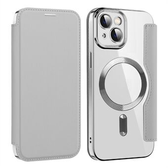 Voor iPhone 13 6.1 inch RFID-blokkerende kaartsleuven Compatibel met MagSafe PU-leer+TPU Elektroplatering Transparante Achterkant Fliphoes met Lensfilm