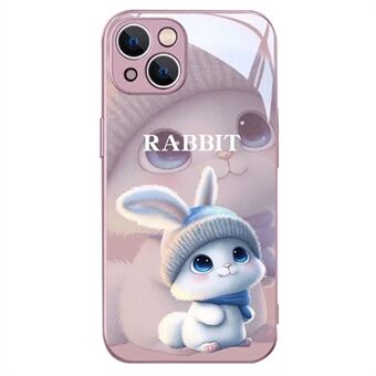 Voor iPhone 13 6.1 inch Achterkant, Cartoon Konijn met Gebreide Muts Valbestendig Gehard Glas + TPU Telefoon Beschermhoes