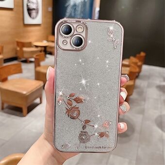 Voor iPhone 13 6.1 inch Bloem Patroon Decor Strass Galvaniseren Glitter Poeder Drop-proof Mobiele Telefoon Case Zachte TPU Telefoon Cover