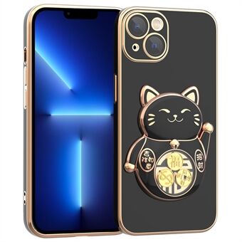 Voor iPhone 13 6.1 inch Galvaniseren Telefoon Case Lucky Fortune Cat Kickstand TPU + PC Shockproof Cover met Camera Lens Protector