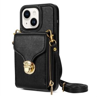 Voor iPhone 13 6,1 inch PU-leer gecoate TPU-kaartsleuf Case standaard rits telefoonhoes met lang koord