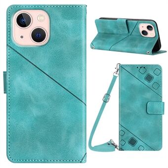 PT005 YB Imprinting Series-7 voor iPhone 13 Stand Phone Leather Case Imprinted Lines Wallet Cover met schouderriem