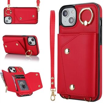 Ring Kickstand Rits Portemonnee Telefoonhoesje voor iPhone 13 PU-leer gecoate TPU Crossbody telefoonhoes