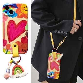 Voor iPhone 13 Zachte TPU-telefoonhoes met hartpatroon Mobiele telefoonhoes met regenboogdecor, lederen schouderriem