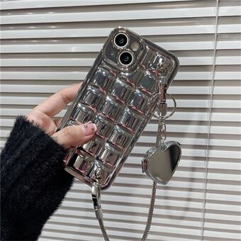 TPU Cover voor iPhone 13 6,1 inch Electroplating Plaid Design Telefoonhoes met hartvormige spiegel en ketting