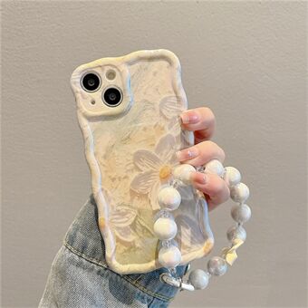 Olieverfschilderij Bloemen Shell voor iPhone 13, Blu-ray IMD TPU Case Wavy Edge Phone Cover met Pearl Chain