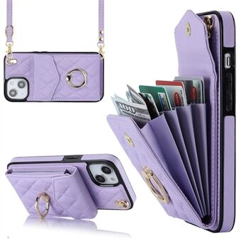 Voor iPhone 13 6.1 inch Meerdere kaartsleuven RFID Blocking Phone Case Ring Kickstand PU Leather + TPU Back Cover