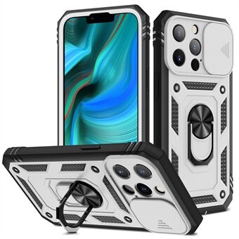 Anti-drop goed beschermd cameraschuifontwerp metalen standaard 3-in-1 TPU + pc-telefoonhoes voor iPhone 13 Pro - wit / zwart