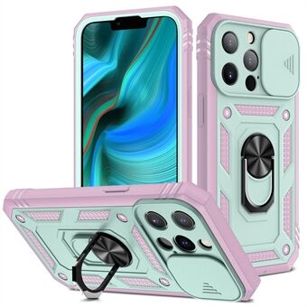 Anti-drop goed beschermd cameraschuifontwerp metalen standaard 3-in-1 TPU + pc-telefoonhoes voor iPhone 13 Pro - groen / roze