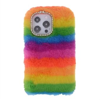 Regenboog harige pluizige telefoonhoes Zachte TPU-achterkant met bling-strass voor iPhone 13 Pro 6,1 inch