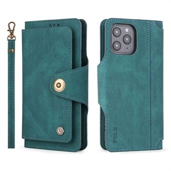 POLA for iPhone 13 Pro 6.1 inch 010 9 Card Slots PU Leather Phone Case with Wallet Stand and Wrist Strap Buckle Closure Cover