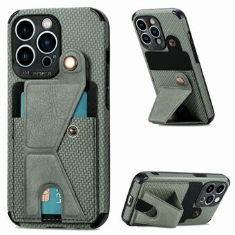 K-shape Kickstand Leather Coated TPU Case for iPhone 13 Pro 6.1 inch, Carbon Fiber Texture Phone Cover with Card Holder and Built-in Metal Sheet