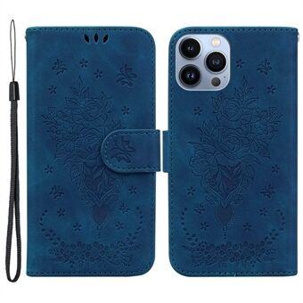 For iPhone 13 Pro 6.1 inch PU Leather Phone Cover with Strap Imprinting Roses Butterflies Pattern Shockproof Phone Case Impact-resistant Wallet Stand Cover