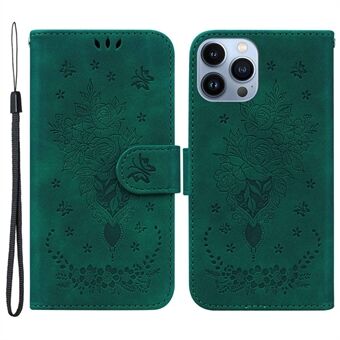 For iPhone 13 Pro 6.1 inch PU Leather Phone Cover with Strap Imprinting Roses Butterflies Pattern Shockproof Phone Case Impact-resistant Wallet Stand Cover