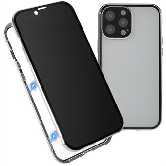 Voor iPhone 13 Pro 6,1 inch Rechte Edge Privacy Case Dubbelzijdig Gehard Glas Achterkant Mat Magnetische Adsorptie Metalen Frame Veiligheidsgesp Volledige lichaamsbescherming Telefoonhoes