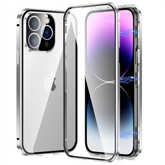 Voor iPhone 13 Pro 6.1 inch Veiligheidsgesp Rechte Edge Telefoonhoes Metalen Frame + Dubbelzijdig Transparant Gehard Glas Magnetische Adsorptie Cover