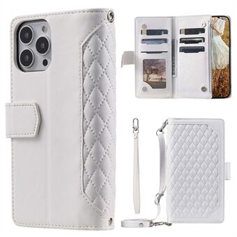 005 stijl anti-drop telefoonhoes voor iPhone 13 Pro 6,1 inch, Scratch mobiele telefoon portemonnee Stand cover ritsvak Rhombus textuur PU lederen schaal met riem kaarthouder