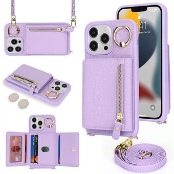 Voor 13 Pro Hoesje Ritsvak Ring Kickstand PU Leer+TPU Telefoonhoesje met Lange Band