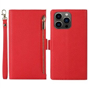 Voor iPhone 13 Pro 6.1 inch Ritsvak Ontwerp Litchi Textuur Telefoon Case, anti- Scratch PU Lederen Flip Cover Portemonnee met Riem