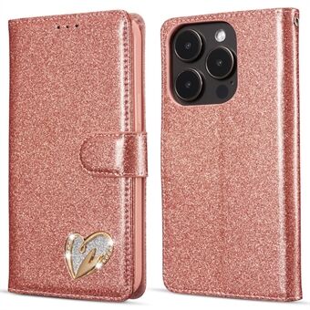 Voor iPhone 13 Pro Glitter Lederen Hoes met Diamanten Hart Portemonnee Standaard Flip Cover