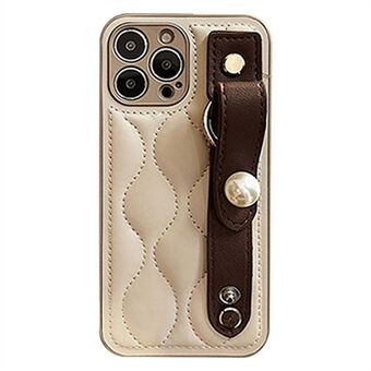 Voor iPhone 13 Pro 6.1 inch Scratch Rhombus Textuur PU Leer Gecoat PC Hard Case Back Cover met Faux Pearl Polsband