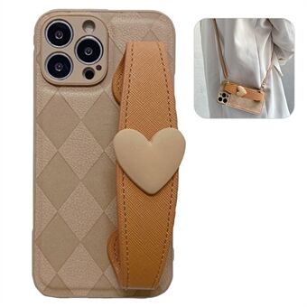 Voor iPhone 13 Pro 6.1 inch Love Heart Polsband Rhombus bedrukt PU-leer gecoat PC + TPU Telefoonhoes Stootvaste achterkant Shell met schouderriem