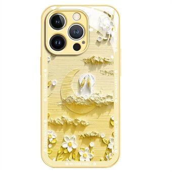 Voor iPhone 13 Pro 6.1 inch Achterkant Moon en Konijn Olieverf Scratch Gehard Glas + TPU Telefoonhoes