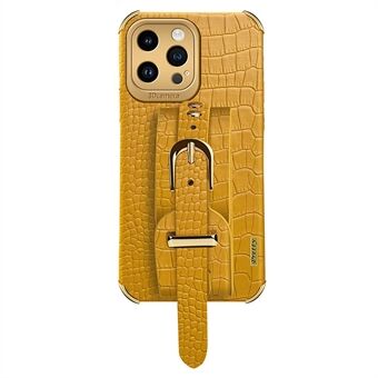 Voor iPhone 13 Pro 6.1 inch Crocodile Texture Strap Kickstand Phone Case Galvaniseren Leer Coated TPU Cover