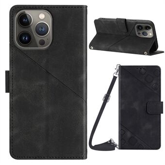 PT005 YB Imprinting Series-7 voor iPhone 13 Pro Wallet PU lederen Stand Case Lines bedrukte hoes met schouderriem