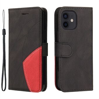 Tweekleurige splitsing van PU-leer Folio Flip Wallet Stand Cover met polsband voor iPhone 13 mini 5,4 inch