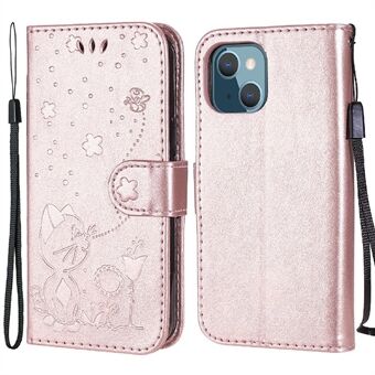 Kat- en bijenpatroon in reliëf PU-leren hoesje Telefoonhoes Hoesje met riem voor iPhone 13 mini 5,4 inch