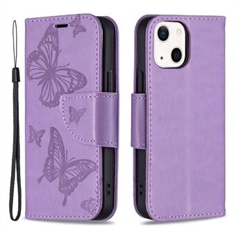 Opdruk Vlinder Magnetische Sluiting Lederen Stand Portemonnee Telefoon Shell Case met riem voor iPhone 13 mini 5.4 inch