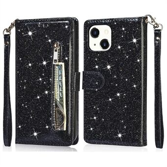 Glitter pailletten rondom bescherming magnetisch slot rits zak portemonnee flip lederen telefoonhoes met Stand voor iPhone 13 mini - zwart