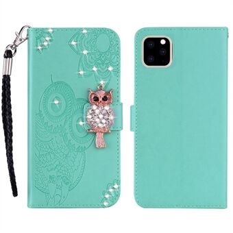 Bedrukte uil Shiny strass lederen telefoonhoes Pungcover met riem voor iPhone 13 mini 5,4 inch