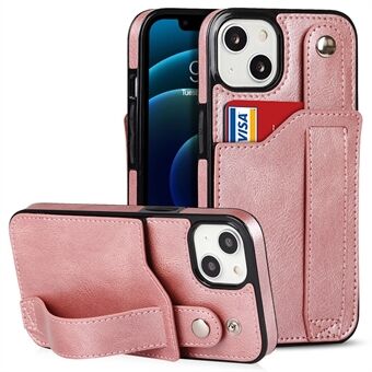 Handriem Standaard Kaartsleufontwerp RFID-blokkeerfunctie PU-leer gecoate TPU-telefoonhoes voor iPhone 13 mini - roségoud