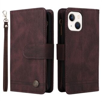 Mobiele Telefoon Strepen Gedrukt Skin-touch Portemonnee Stand Kaartsleuven Flip Beschermhoes met Ritsvak voor iPhone 13 mini 5.4 Inch