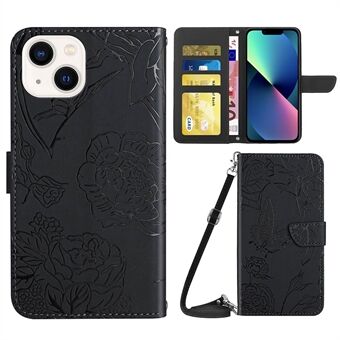 For iPhone 13 mini 5.4 inch PU Leather Skin-friendly Flip Wallet Phone Case Viewing Stand Butterfly Flower Pattern Imprinted Protective Cover with Shoulder Strap