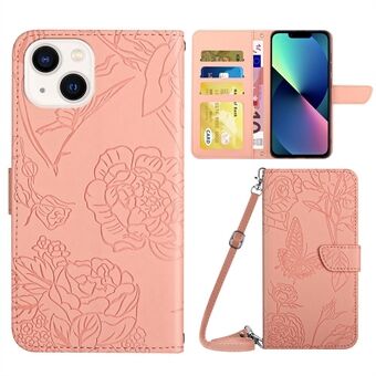 For iPhone 13 mini 5.4 inch PU Leather Skin-friendly Flip Wallet Phone Case Viewing Stand Butterfly Flower Pattern Imprinted Protective Cover with Shoulder Strap