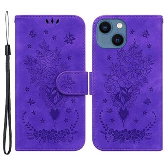 For iPhone 13 mini 5.4 inch Anti-scratch Phone Cover Imprinting Roses Butterflies Pattern Shockproof Leather Full Coverage Anti-drop Phone Case Wallet Stand