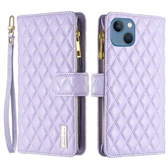 BINFEN KLEUR BF Stijl-15 voor iPhone 13 mini 5.4 inch Rhombus Ruitpatroon Bedrukt Telefoonhoesje Matte PU Lederen Portemonnee Stand Shell